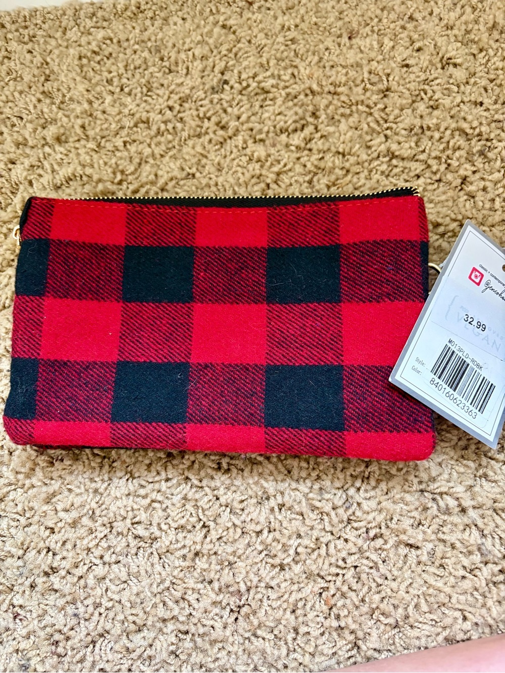 Red & Black Plaid Zip Clutch Purse NWT